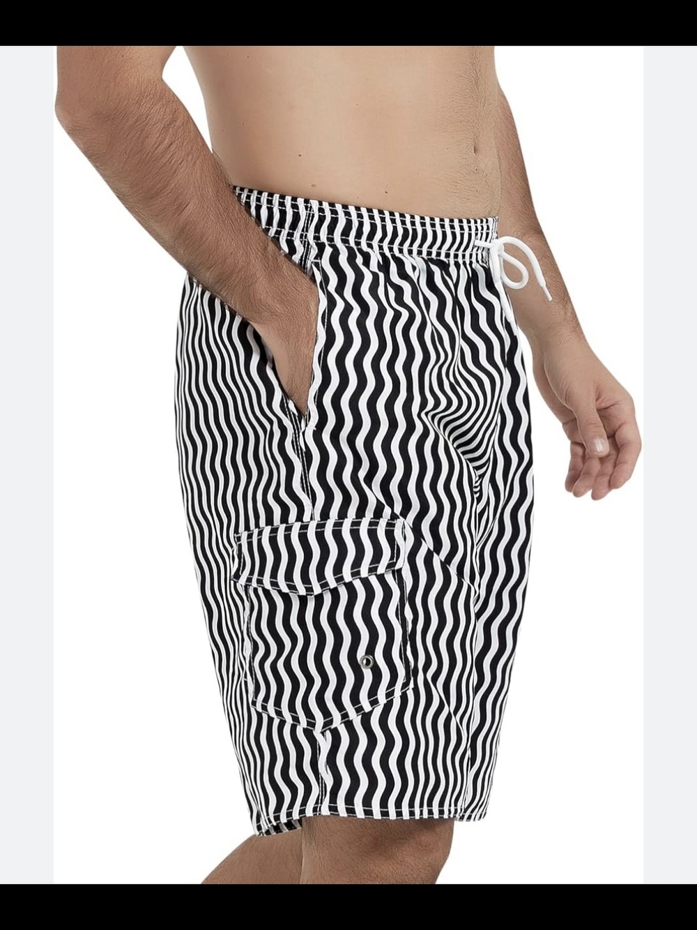 Men's Black & White Wavy Stripe Swim Shorts, SMALL, NWT